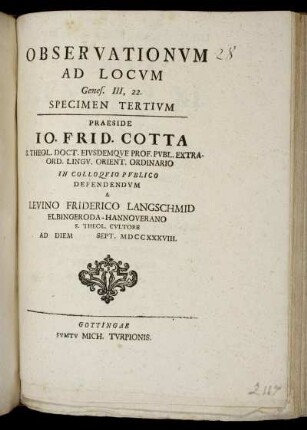 Observationum Ad Locum Genes. III, 22. Specimen Tertium : Ad Diem [ ] Sept. MDCCXXXVIII.