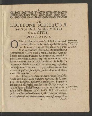 De Lectione Scripturae Sacrae In Linguis Vulgo Cognitis, Disputatio I.