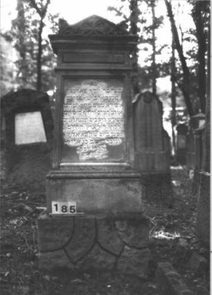 Grabstein 185 (Index: 99899057) Material: Sandstein Zustand: gut erhalten Maße HxBxT: 177x65x30 cm Beschreibung: aufgesockelte Stele, Giebelaufsatz mit Eckakroterien, Giebel mit Blattornamentik, unterer Sockel felsartig gearbeitet Symbolik: Blätter: Grabstein 185