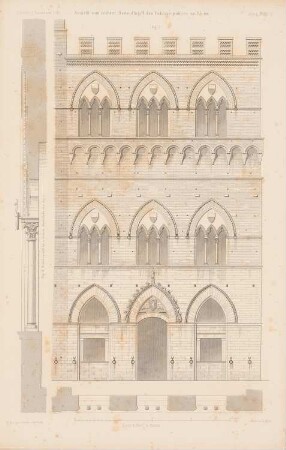 Palazzo Pubblico, Siena: Ansicht, Fassadenschnitt horizontal, vertikal rechter Seitenflügel (aus: Atlas zur Zeitschrift für Bauwesen, hrsg. v. G. Erbkam, Jg. 11, 1861) Spielebrg