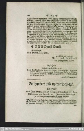 Ein hundert und zweyte Beylage. Extract aus Herrn Hertzog Gustav Adolphs Instruction, de dato Güstrow am 3ten Decemb. 1663. ...