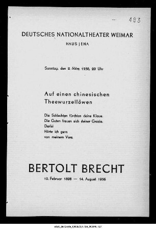 Auf einen chinesischen Theewurzellöwen [...] Bertolt Brecht