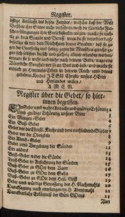 Register über die Gebet/ so hierinnen begriffen.
