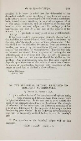 On the spherical ellipse, referred to trilinear coordinates. Plate 3.
