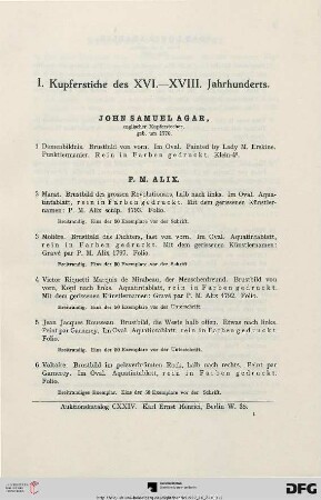 I. Kupferstiche des XVI-XVIII. Jahrhunderts (Nr. 1-488)