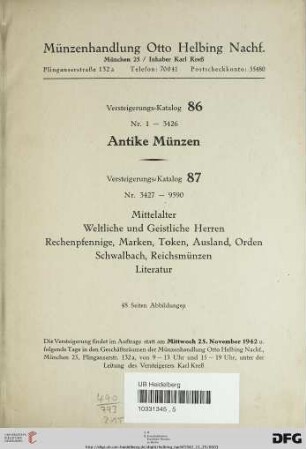 Nr. 86/87: Auktions-Katalog / Otto Helbing Nachf.: Antike Münzen : Nr. 1 - 3426