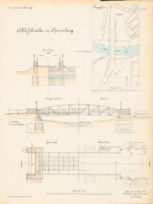 Schlossbrücke, Spremberg: Lageplan 1:500, Ansicht, Grundrisse, Schnitte 1:100
