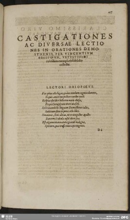 Castigationes Ac Diversae Lectiones In Orationes Demosthenis, Per Vincentium Obsopoeum, Vetustissimi cuiusdam exemplaris subsidio collectae