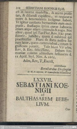 LXXVII. Sebastiani Koenigii ad Balthasarem Bebelium