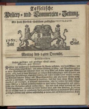 50. Stueck, Montag den 14ten Decembr. 1767
