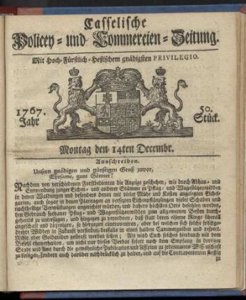 50. Stueck, Montag den 14ten Decembr. 1767