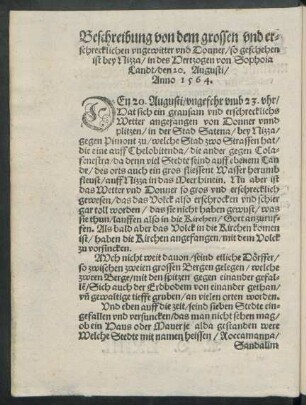 Beschreibung von dem grossen und erschrecklichen ungewitter und Donner/ so geschehen ist bey Nizza/ in des Hertzogen von Sophoia Landt/ den 20. Augusti/ Anno 1564.
