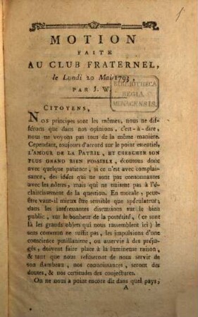 Motion Faite Au Club Fraternel, le Lundi 20 Mai 1793