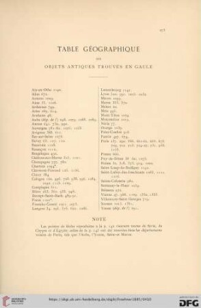 Table géographique des objets antiques trouvés en Gaule