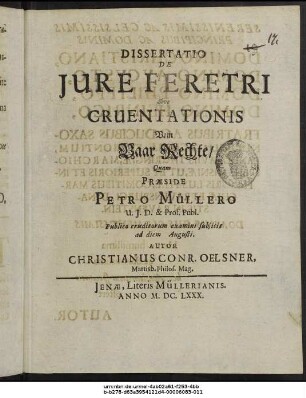 Dissertatio De Iure Feretri Sive Cruentationis