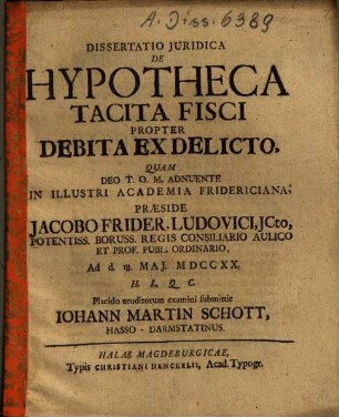 Diss. iur. de hypotheca tacita fisci propter debita ex delicto