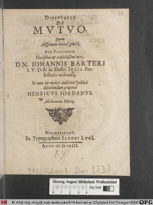 Disputatio De Mutuo