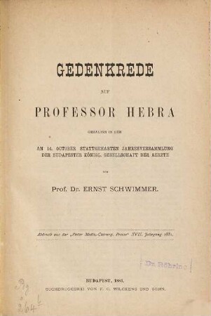 Gedenkrede auf Professor Hebra