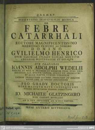 Dissertatio Inauguralis Medica De Febre Catarrhali