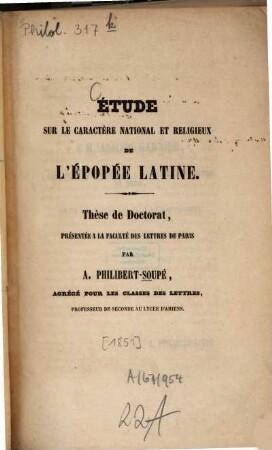 Étude sur le caractère national et religieux de l'épopée latine