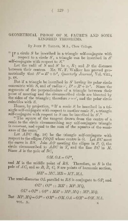 Geometrical proof of M. Faure's and some kindred theorems.