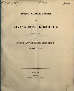 De Livianorum librorum inscriptione et codice antiquissimo Veronensi commentatio