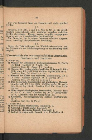 d) Verzeichnis der wissenschaftlichen Anstalten, Seminare und Institute