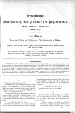 184. Sitzung, Stuttgart, 12.12.1873