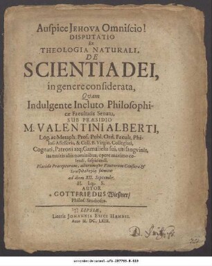 Disputatio Ex Theologia Naturali, De Scientia Dei, in genere considerata