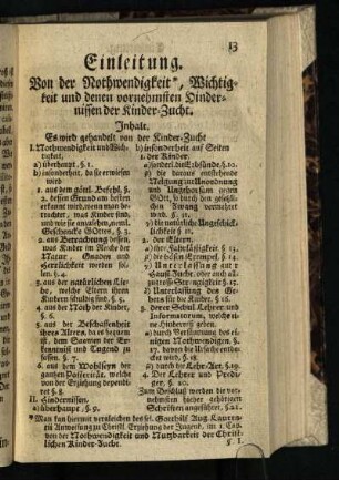 Einleitung: Von der Nothwendigkeit*, Wichtigkeit und denen vornehmsten Hindernissen der Kinder-Zucht