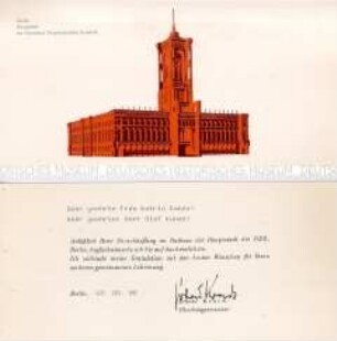 Glückwunschkarte des Oberbürgermeisters von Berlin zur Eheschließung im Roten Rathaus