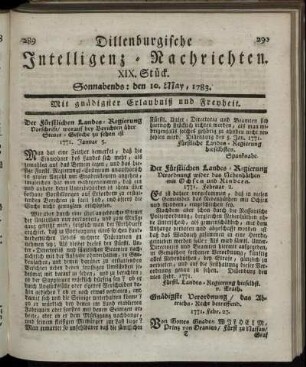 XIX. Stück. Sonnabends: den 10. May, 1783.