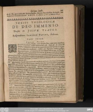 Theses Theologicae De Deo Immenso. Praeside D. Josue Placeo. Respondente Samuele Papino, Pictone.