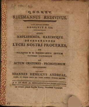 Riesmannus redivivus : Huius Dissertationem Historicam De Hodiernorum Principum Palatinorum Origine, Eorumque Erga Litteras Favore, Partem VII.