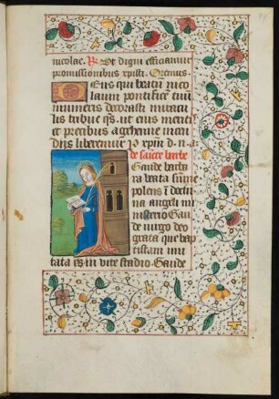 Bordürenseite mit Miniatur (Barbara) und Fadenrankenbordüre