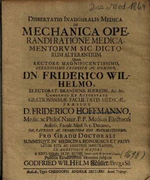 Dissertatio Inauguralis Medica De Mechanica Operandi Ratione Medicamentorvm Sic Dictorum Alterantium