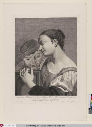 Doppelportrait eines Jüngling en face und einer jungen Frau im Profil, die ein Gemälde mit ihrer linken Hand am oberen Rahmen hält, welches wiederum vom Jüngling fokussiert wird.