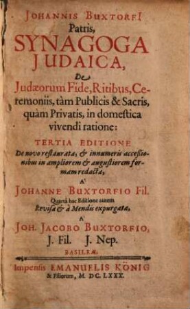 Johannis Buxtorfi[i] Patris, Synagoga Judaica : De Judaeorum Fide, Ritibus, Ceremoniis, tàm Publicis & Sacris, quàm Privatis, in domestica vivendi ratione
