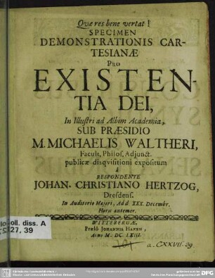 Specimen Demonstrationis Cartesianae Pro Existentia Dei
