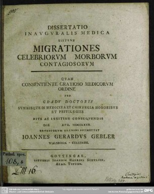 Dissertatio Inauguralis Medica Sistens Migrationes Celebriorum Morborum Contagiosorum