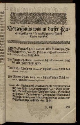 Vorzeichnüs was in dieser KirchenHistorien/ in nachfolgenden Fünff Theiln begriffen