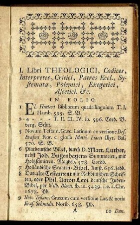 I. Libri Theologici, Codices, Interpretes, Critici, Patres Eccl., Systemata, Polemici, Exegetici, Ascetici. etc.