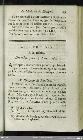 Lettre XXX. A la même. Du méme jour 18. Mars, 1671
