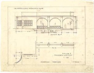 Pfann, Paul; München - Theresienhöhe; Ausstellung München 1908 - Halle I., Großer Lichthof (Teilgrundriss); Wand (Schnitt)