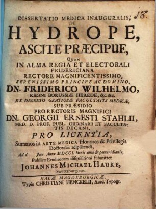 Dissertatio Medica Inauguralis, De Hydrope, Ascite Praecipue