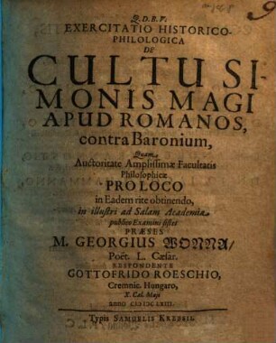 Exercitatio Historico-Philologica De Cultu Simonis Magi Apud Romanos, contra Baronium