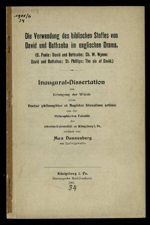 Die Verwendung des biblischen Stoffes von David und Bathseba im englischen Drama