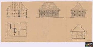 Wölfelsdorf ([Landkreis Habelschwerdt]): Walmdachhaus. Wohnhaus (Längsschnitt, Seiten-Ansicht, Giebel-Ansicht, Grundriss, Querschnitt)