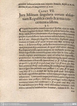Caput VII. Jura Militum singularia eorum absentiam Reipublicae causa et arma concernentia sistens.