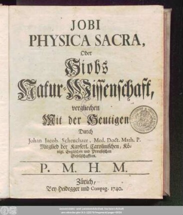 Jobi Physica Sacra, Oder Hiobs Natur-Wissenschaft